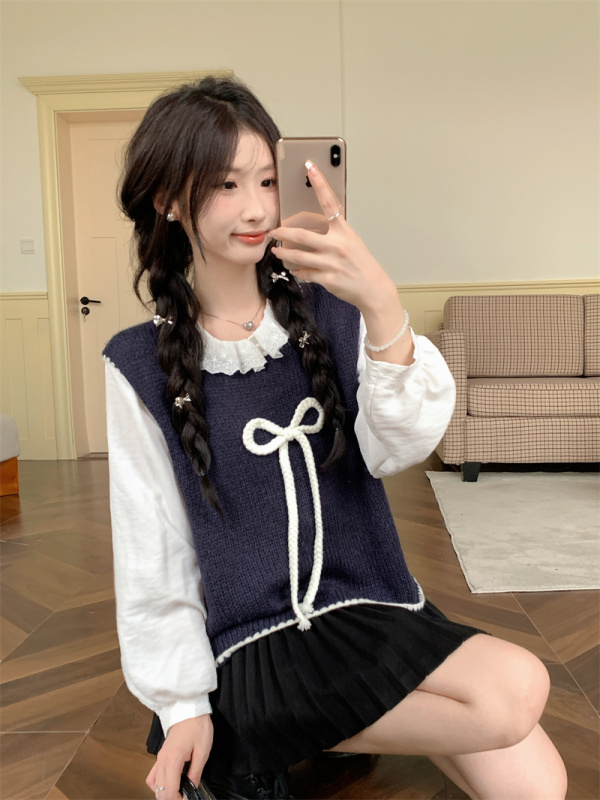 New age-reducing bow knitted vest + Korean ruffled shirt