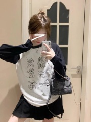 American retro raglan contrasting color long-sleeved T-shirt women's bottoming shirt spring mid-length outer top pure cotton T-shirt