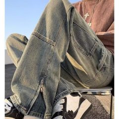 TG26 niche design zipper slit jeans men's American retro loose straight leg mopping high street pants