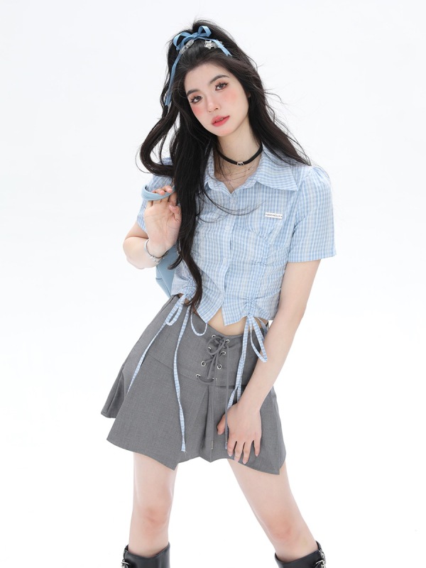 AONW Japanese college style sweet blue plaid drawstring short slim shirt women's summer versatile niche tops