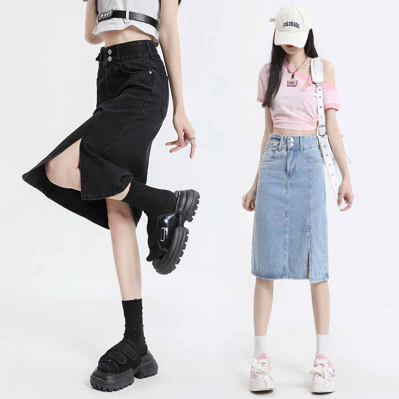 Actual shot of 2023 spring and summer new denim skirt A-line summer waist slimming hip-hugging slit skirt women's mid-length trendy style