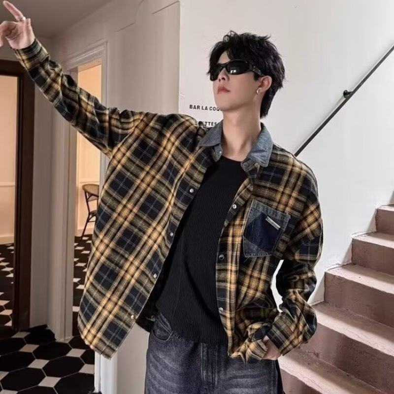 American retro long-sleeved plaid shirt for men, trendy brand couple splicing denim collar yellow plaid jacket