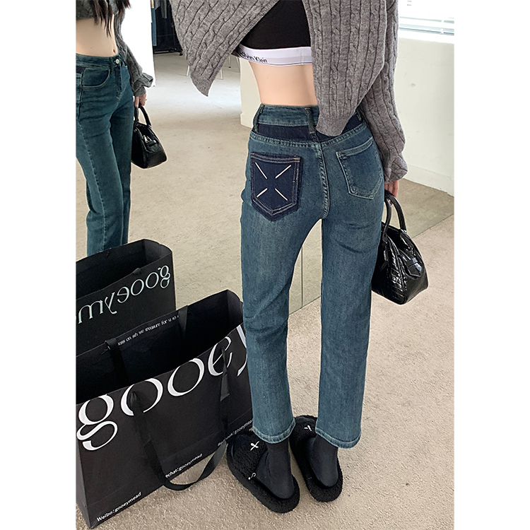 Autumn and winter elastic straight design denim ninth pants for women