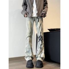 American high street retro micro-flared jeans for men with flame afterimage print slimming floor-length pants