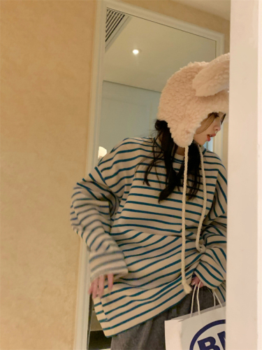 Winter outerwear thickened velvet round neck striped loose sweatshirt