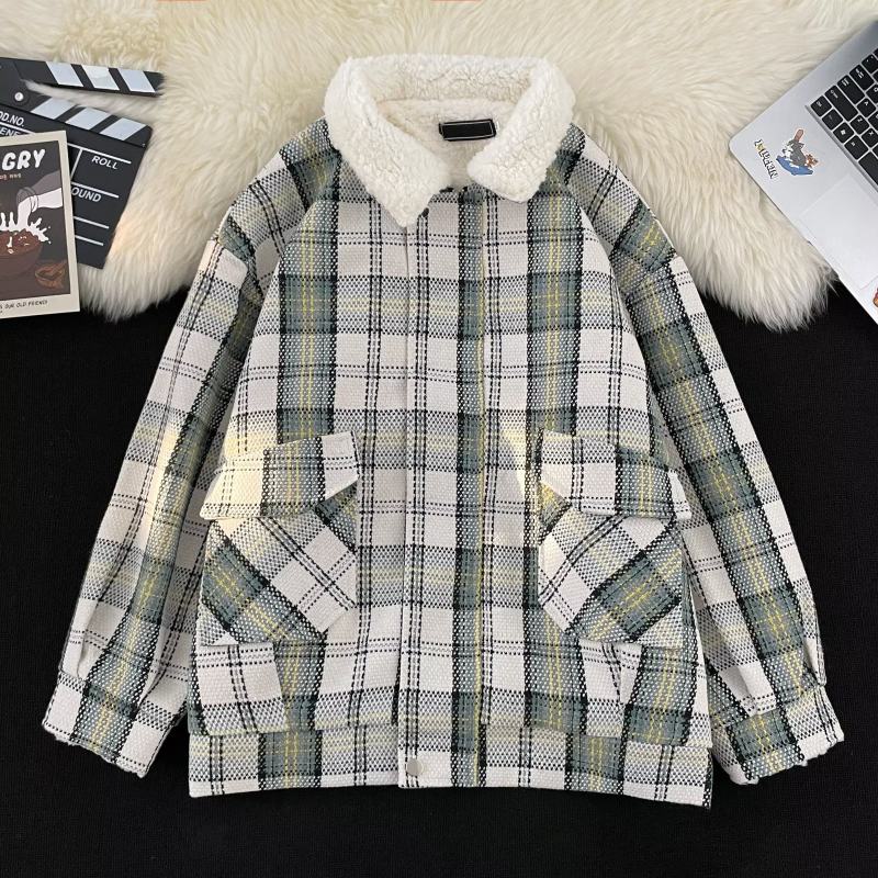 Plaid lamb wool plus velvet thickened cotton coat winter new versatile couple cotton coat couple coat