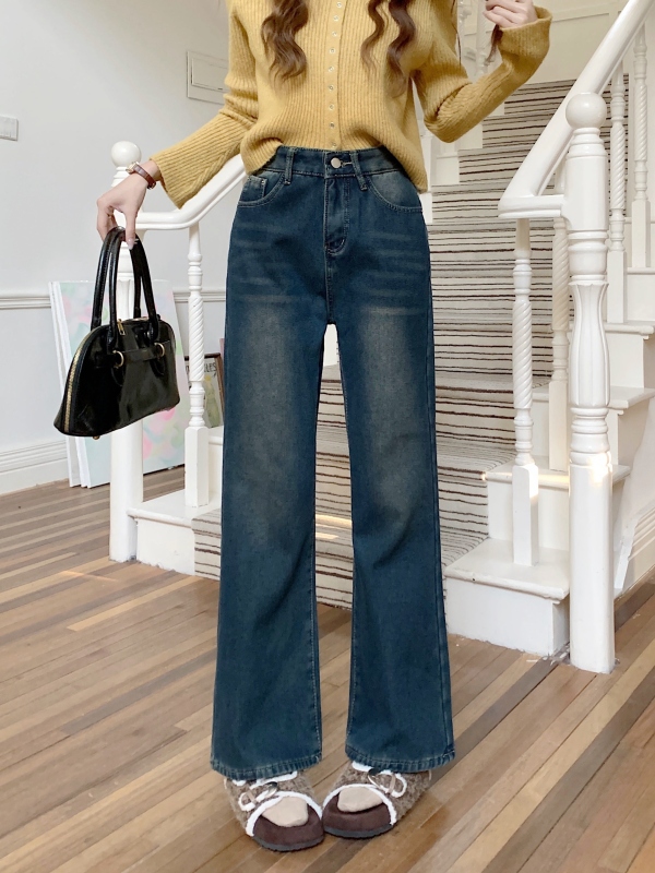 Small velvet American retro micro-flared jeans for women in autumn and winter straight loose wide-leg floor-length pants