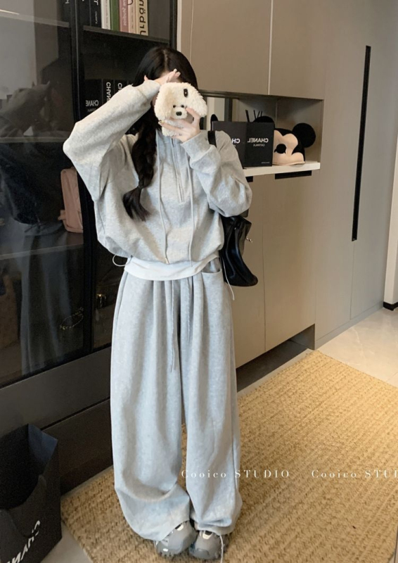 Half-zip short loose long-sleeved sweatshirt for women early autumn new high-waisted wide-leg sports casual pants fashion suit