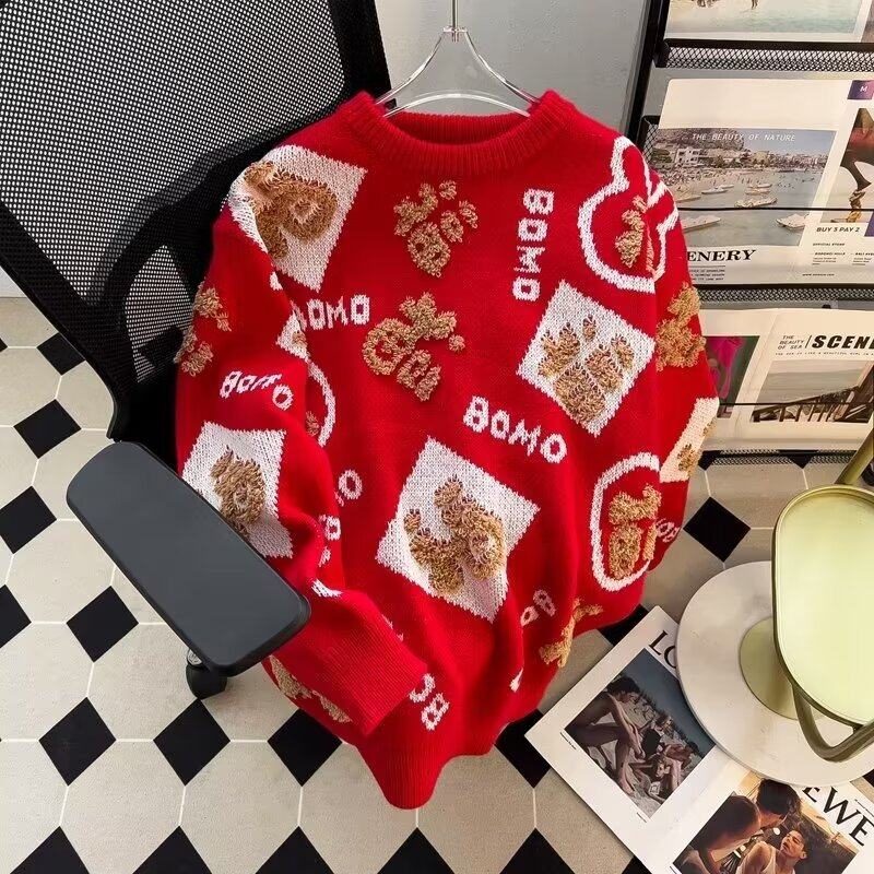 Fu letter sweater men's autumn and winter round neck zodiac year bright red New Year's clothing plus velvet to keep warm
