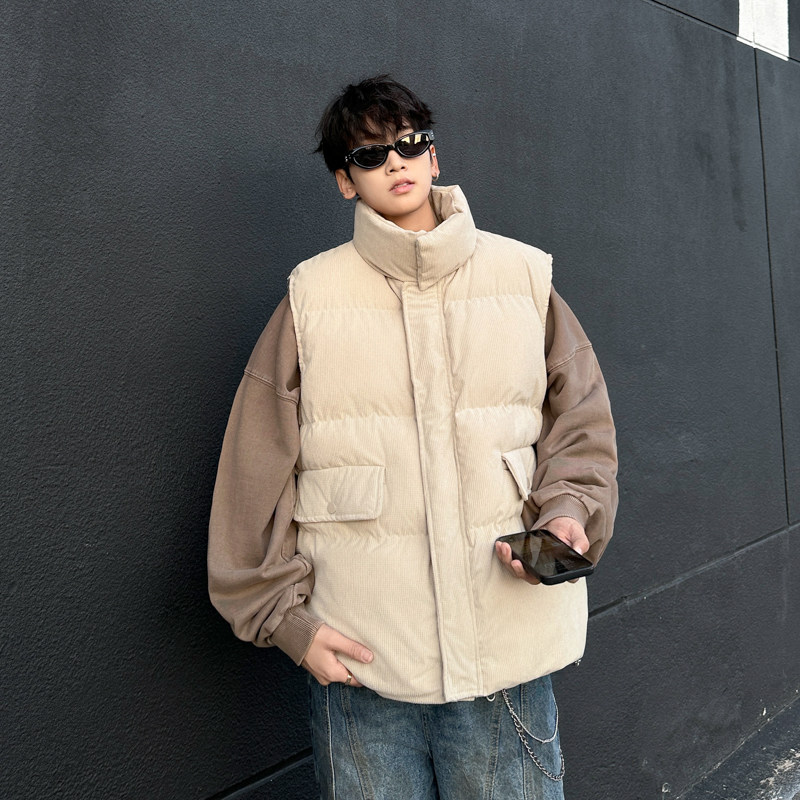 Winter stand-up collar versatile corduroy workwear cotton vest for boys and girls loose thickened warm sleeveless jacket