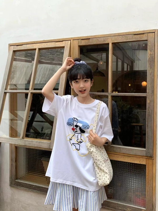 Pure cotton printed loose short sleeve t-shirt women's summer top