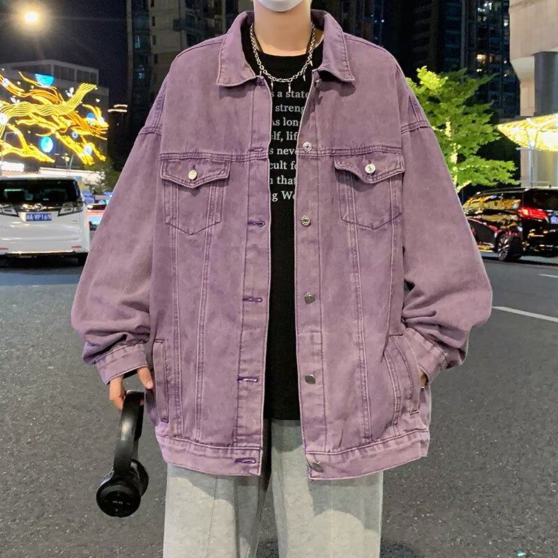 Purple washed denim jackets for men and women Korean style trendy high street handsome autumn and winter loose jackets