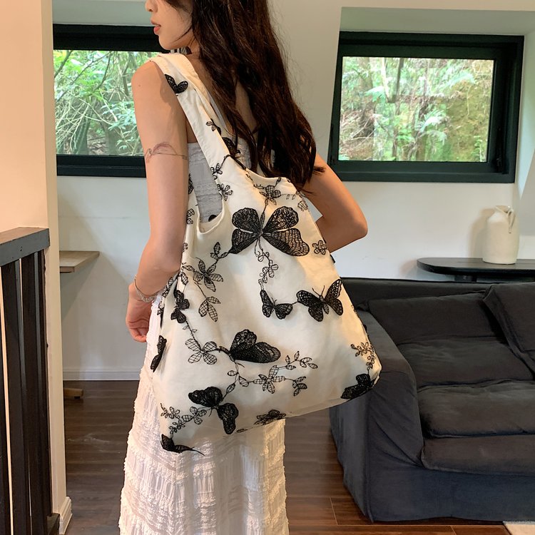Fairy Summer Travel Embroidered Butterfly Lace Large Capacity Nylon Canvas Literary Casual Underarm Shoulder Women's Bag