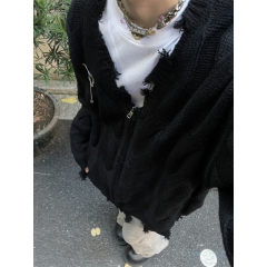 Internet picture American college style ruined raw edge zipper cardigan sweater sweater