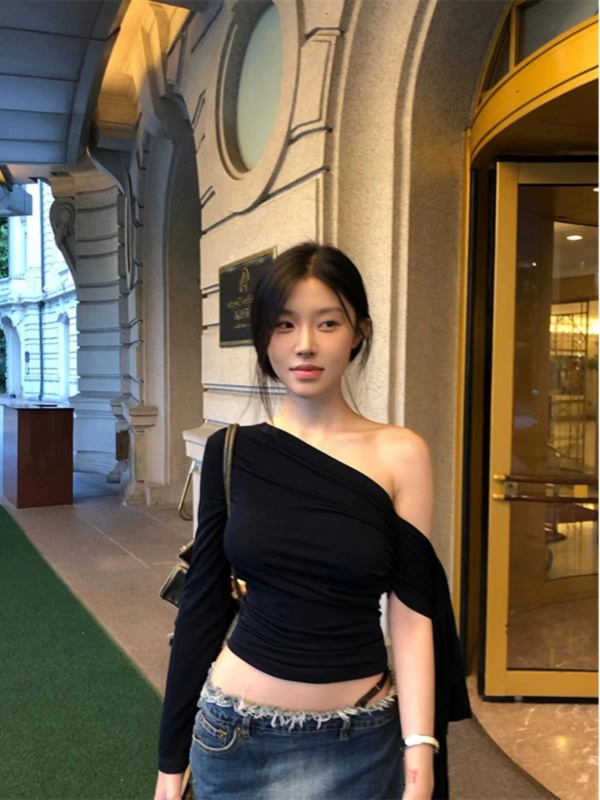Sexy hot girl knitted streamer off-shoulder tank top T-shirt women's design niche top