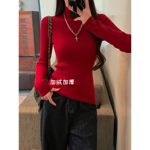 Sweet hot girl half turtleneck slim long-sleeved bottoming shirt for women winter new style with thickened knitted top