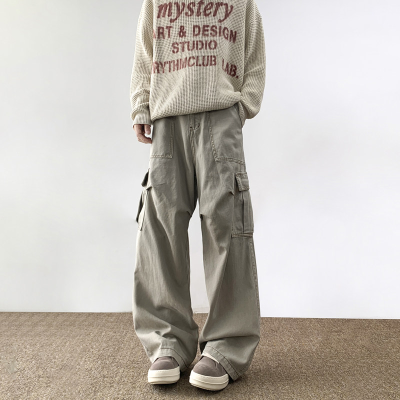 American retro high street overalls men's straight wide leg casual pants new ins trousers