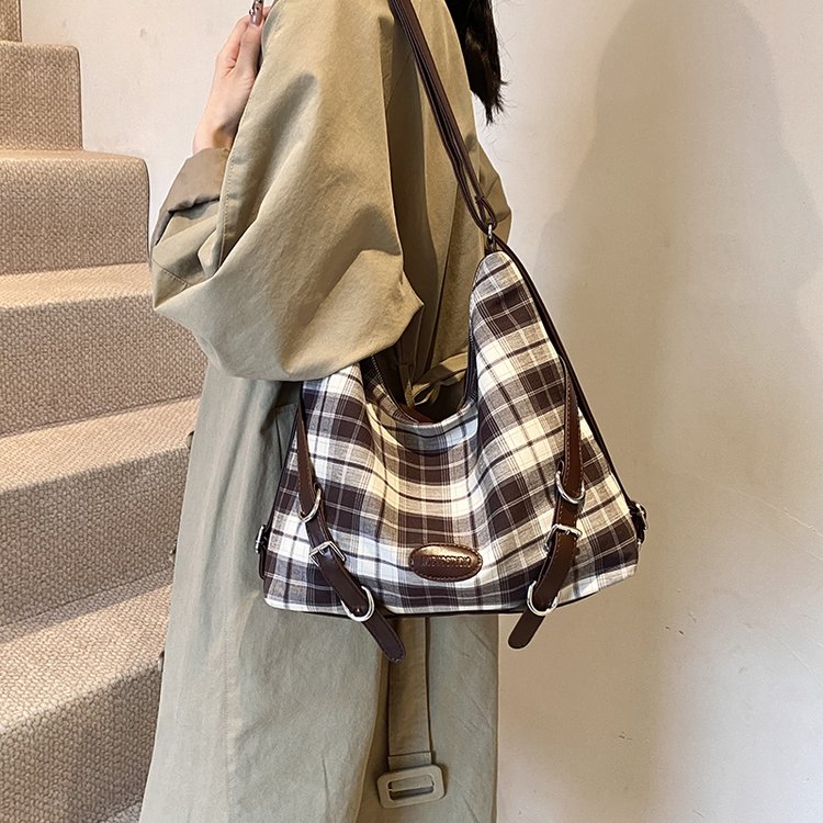 Korean style casual style large-capacity armpit bag women's bag 2024 new canvas plaid tote bag multi-functional backpack