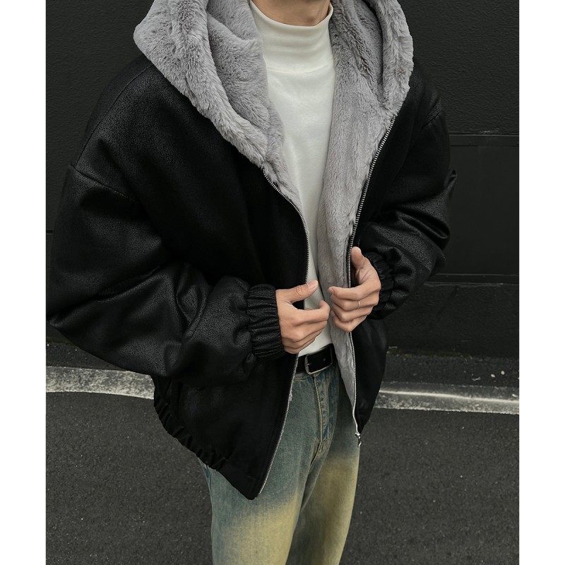 New arrival [Mountain Sculpture] Plush hooded cotton coat with velvet black wall