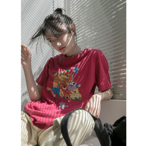 Bear Print Short Sleeve T-Shirt Women's  Summer New Korean Style Loose Round Neck Top Trendy
