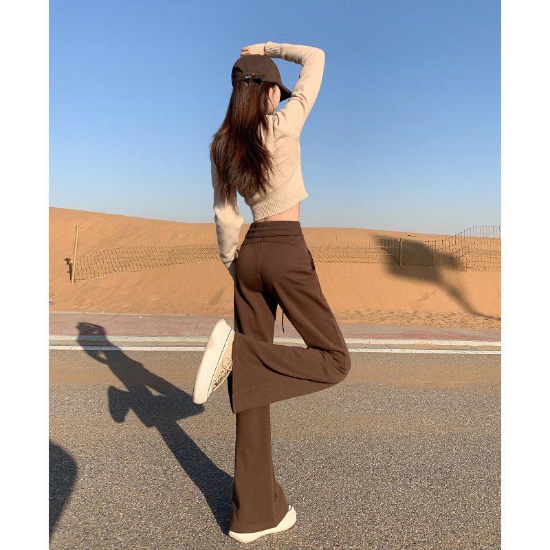 Black micro-flared sports pants for women 2024 autumn and winter new high-waisted loose slimming plus velvet casual flared pants