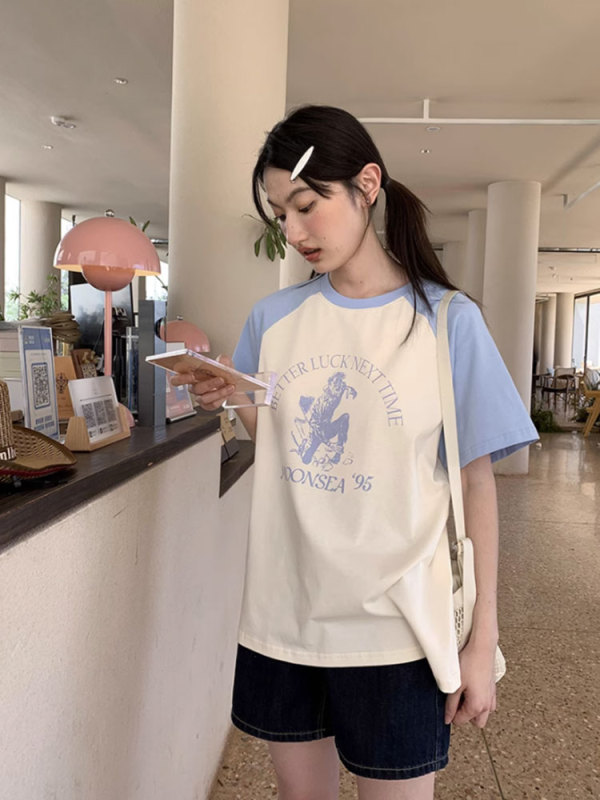 Portrait printed raglan short-sleeved T-shirt for women summer new pure cotton loose slimming top