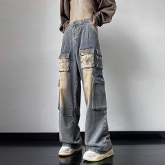Autumn New Hong Kong Style American High Street Heavy Craftsman Big Pocket Washed Jeans