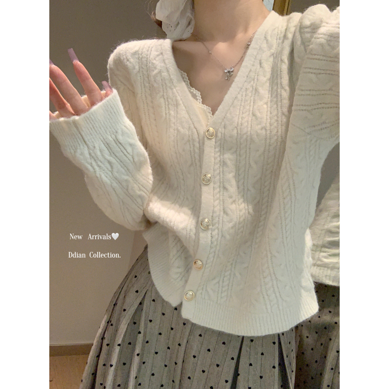 Autumn and winter Korean style v-neck gold button twist design arctic velvet sweater long-sleeved sweater jacket