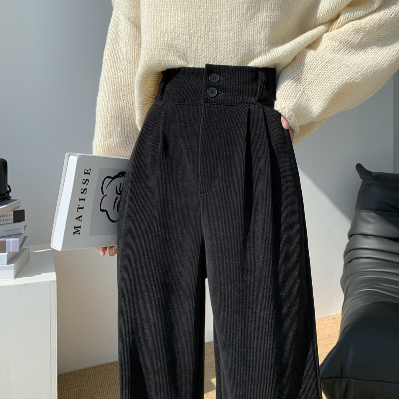 Narrow version of chenille wide-leg pants for women in spring and autumn, small European cotton velvet straight pants, casual black soft waxy drape pants