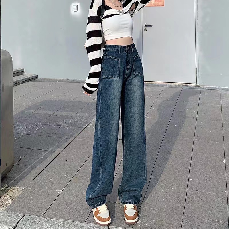 Actual shot of front pocket design wide-legged loose straight leg fat mm plus velvet thickened large size jeans women's floor mopping pants