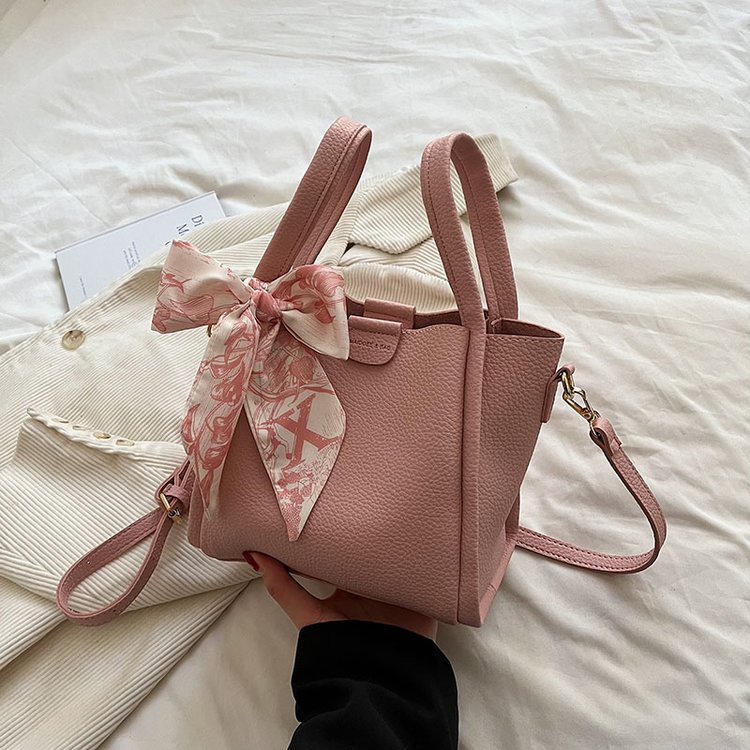 Niche design bow handbag, new fashion, litchi pattern bucket bag, ribbon, stylish one-shoulder crossbody bag