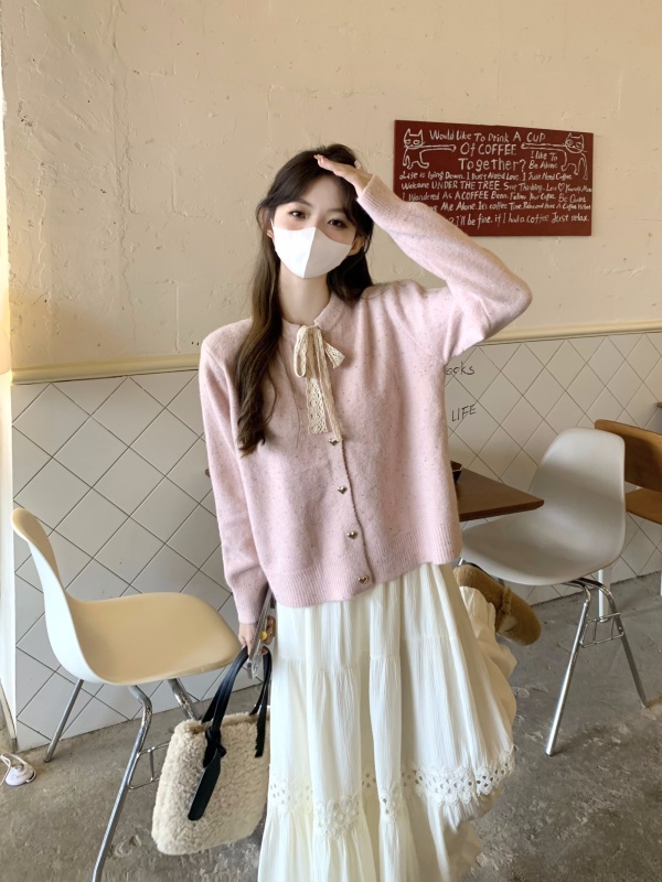 Bow long-sleeved knitted cardigan for women 2024 autumn and winter sweet, soft and waxy age-reducing slimming sweater