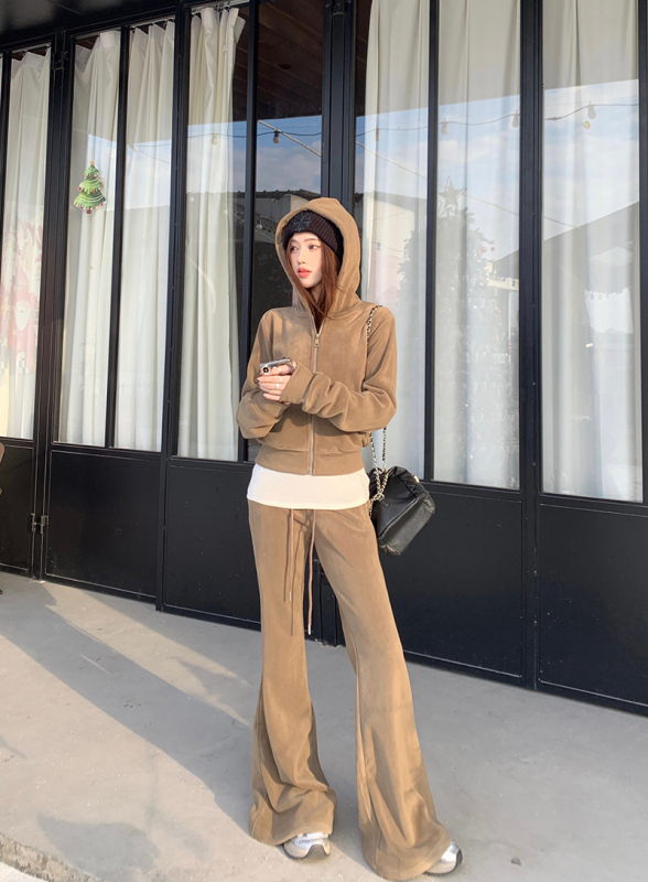 Polar fleece short hooded sweatshirt cardigan coat women's loose bootcut sweatpants petite casual suit
