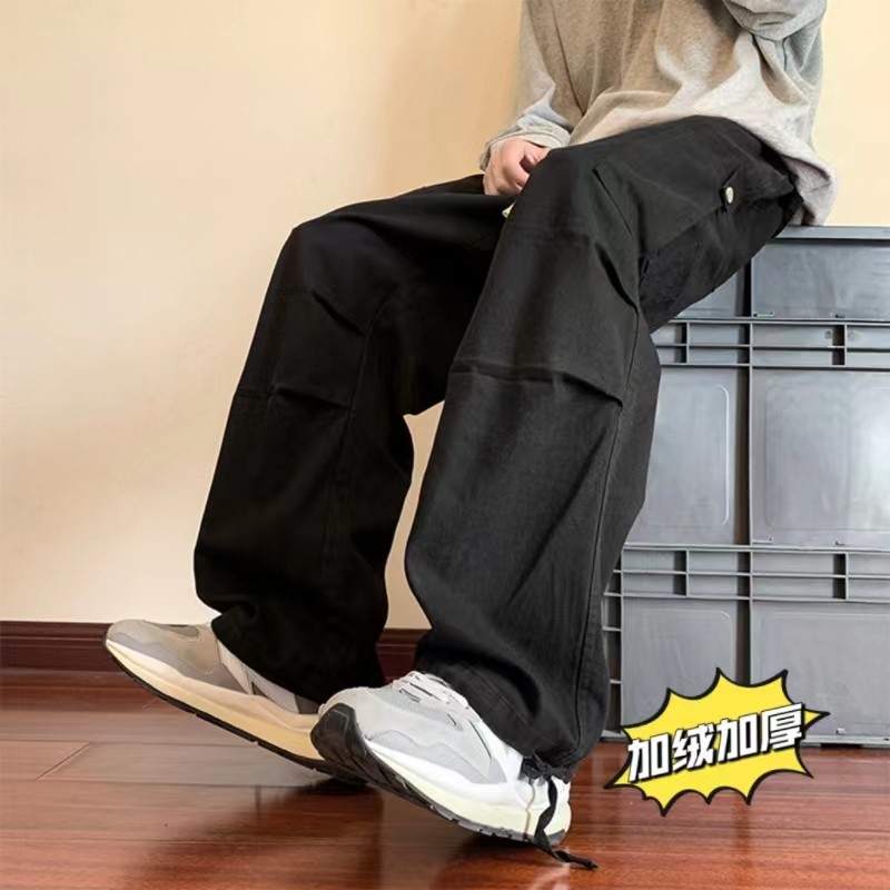 American workwear plus fleece pants, winter trendy straight wide-leg pants, thickened casual pants