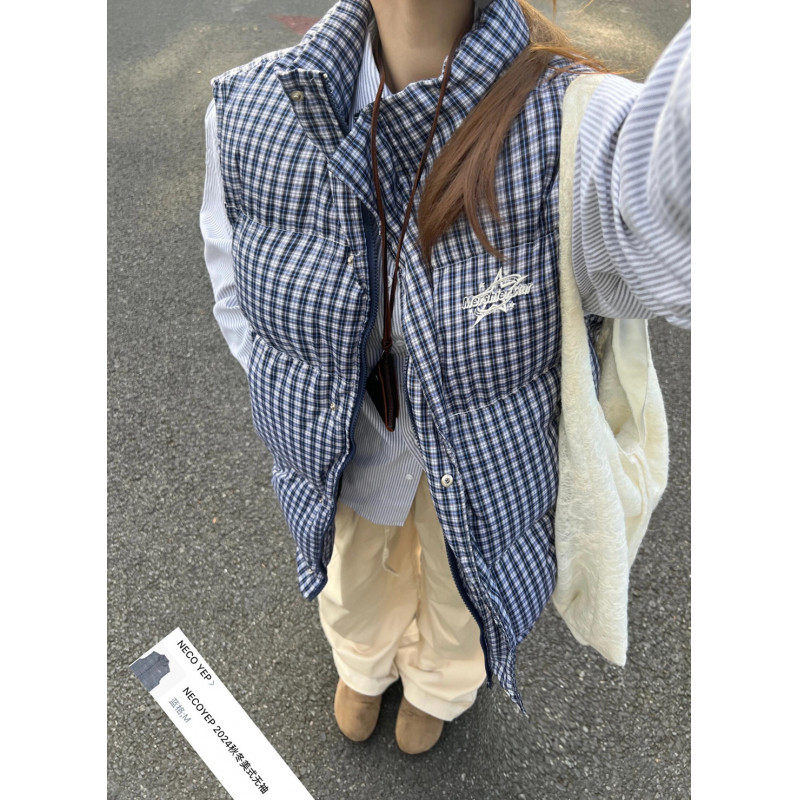 American retro plaid loose cotton coat and vest, versatile for layering