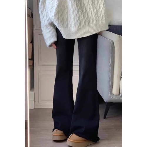 Black raw edge bootcut jeans for women in autumn and winter new large size slimming pear-shaped body stretch flared pants