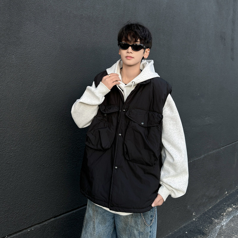 New trendy lazy big pocket solid color cotton vest Japanese style versatile