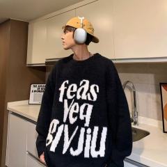 American retro letter jacquard design mink velvet sweater autumn and winter round neck pullover men's sweater