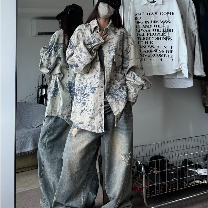 Lapel Harajuku tie-dye embroidered denim jacket for men and women 204 spring and autumn American new style jacket trend