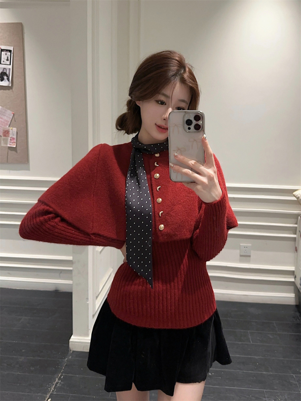 Polka-dot streamer round neck cape shawl sweater soft waxy sweater two-piece suit for women