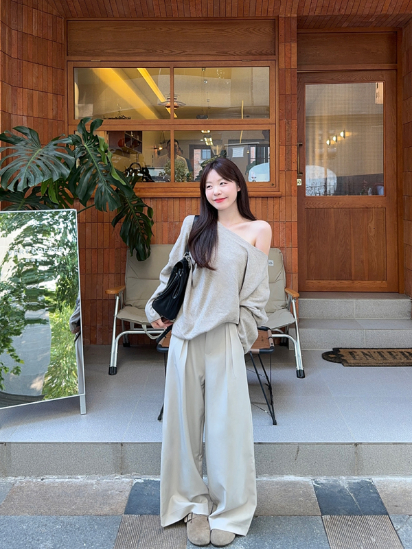 High-end lazy long-sleeved knitted loose top + slim casual wide-leg pants