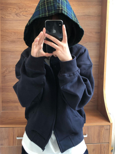 American retro dog paw embroidery stitching and stacking plaid hoodie for women in autumn loose couple hooded sweatshirt jacket trendy