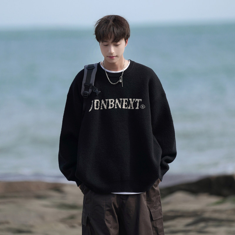 Pullover crew neck sweater, lazy style loose knitted sweater, thickened bottoming shirt