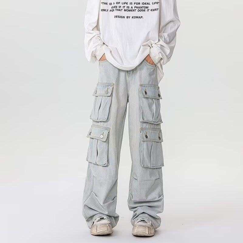 American multi-pocket jeans for men blue wide-leg overalls for couples European and American dance