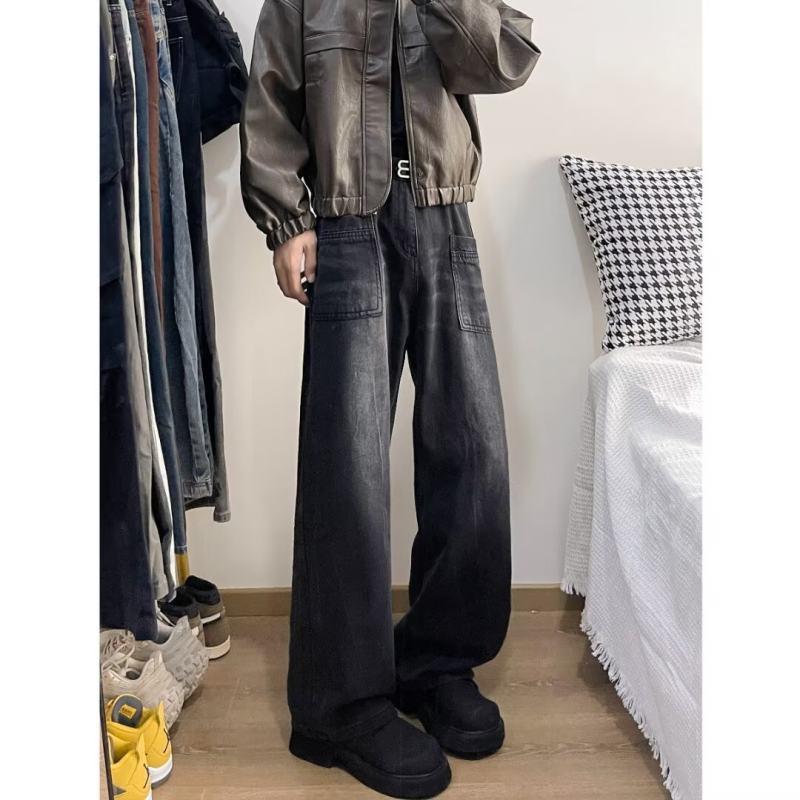 Straight-leg youth retro jeans men's high street wide-leg floor-length trousers micro-elastic regular wash spring