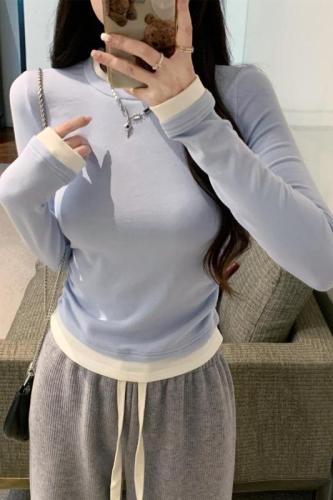 Fake two pieces of German velvet warm inner T-shirt bottoming shirt for women autumn and winter Korean version contrasting color pleated slim slimming top