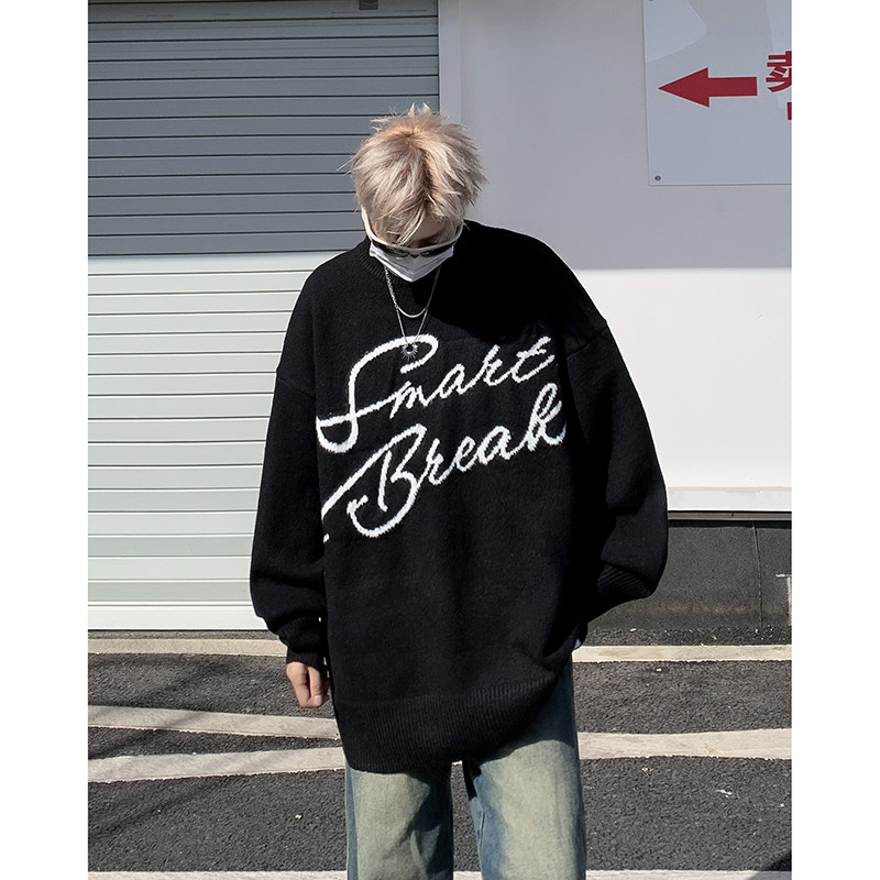 American high street fashion brand casual loose letter sweater autumn and winter retro versatile round neck sweater