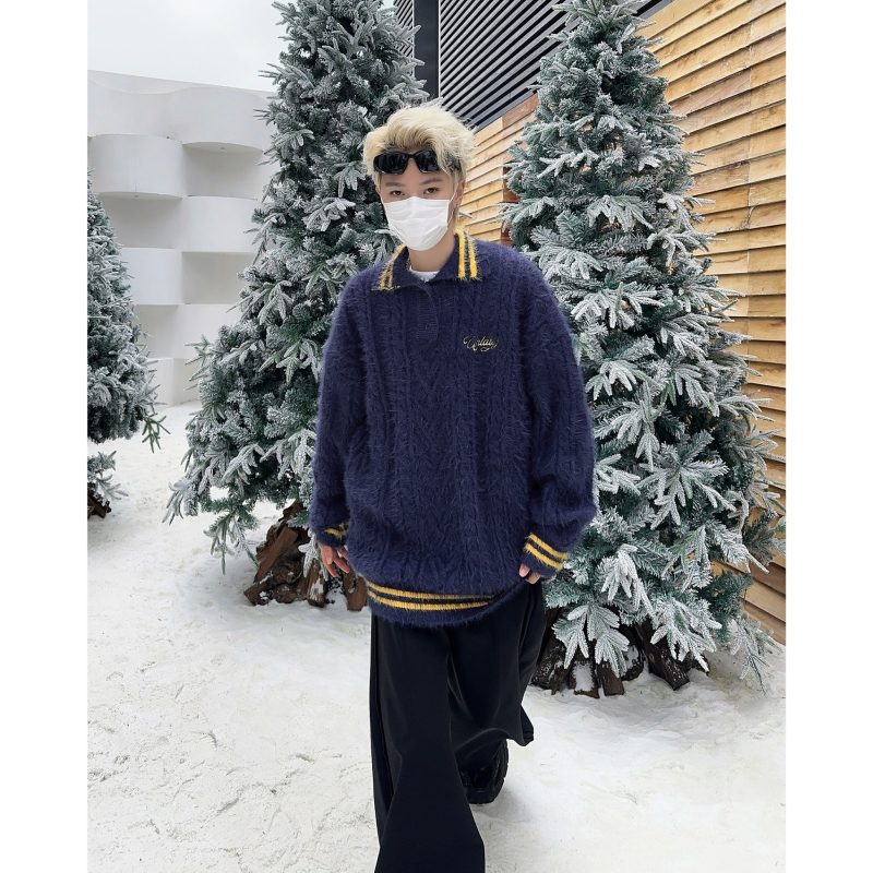 British college style twist polo collar sweater for men autumn and winter lazy style knitted jacket