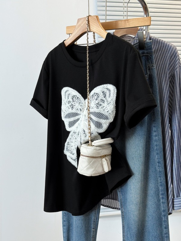Actual shot of 2024 new summer clothing for fat mm plus size women's fashionable and versatile design bow short-sleeved right shoulder T-shirt
