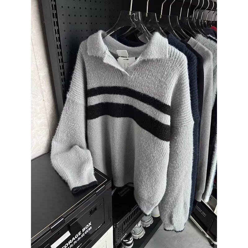 American retro polo collar patchwork sweater jacket